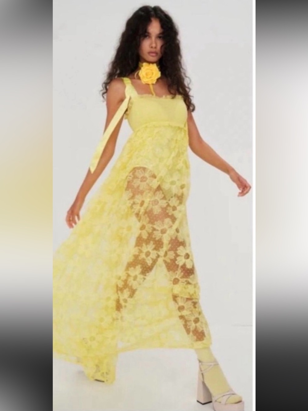 NWT For Love & Lemons Emma Maxi Dress Lemon Yellow Sparkle XS Revolve